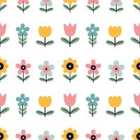 kids seamless pattern with abstract flowers in flat design. Cute baby summer botany design on white background. Wrapping paper design. Kawaii seamless pattern with flowers. vector