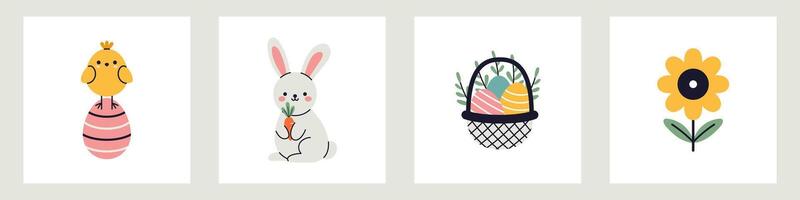 cute set of easter illustration in flat design. Eggs, chick rabbits and bunnies elements. Collection of easter illustrations. vector