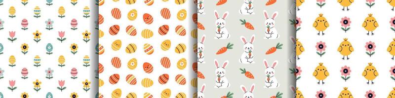 cute seamless pattern set. Collection of cute backgrounds in flat design. Wrapping paper or fabric design. Easter springtime easter seamless pattern illustrations. vector