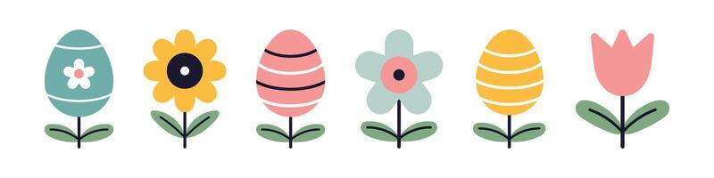set of colorful flowers and easter eggs in flat design. Collection with various floral designs in a cartoon style. Perfect for easter spring decorations, greeting cards, and festive designs. vector