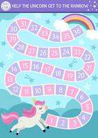 Unicorn simple dice board game for children with cute rainbow and falling stars. Fairytale boardgame with fantasy animal, sky background, clouds. Magic world printable activity or worksheet vector