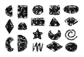 Big set of charcoal geometric figures. Hand drawn pencil or crayon kid texture. Triangle, square, circle, rhombus, star, oval, spiral, zigzag, heart, and polygon in child style. Charcoal noise grunge vector