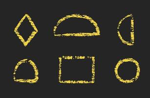 Crayon kid figure by pencil. Doodle chalk yellow sketch shapes, circle, square, oval, rhombus, semi-circular, charcoal geometric forms and elements on blackboard vector