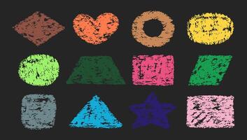 Crayon kid figure by color pencil. Doodle chalk sketch shapes, circle, square, oval, triangle, geometric forms and elements on black background vector