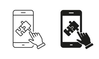 Puzzle Game in Smartphone Icon. Online App Jigsaw in Cellphone Pictogram. Mobile Phone with Digital Puzzle Sign. Editable Stroke. Isolated Illustration vector
