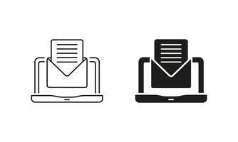Receive Digital Letter Pictogram. Laptop With Email Line and Silhouette Icon Set. Envelope On Computer Screen Sign. Editable Stroke. Isolated Illustration vector