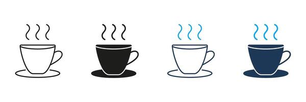 Steaming Cup on Saucer Line and Silhouette Icon Set. Hot Beverage Coffee or Tea Symbol. Warm Drink with Saucer. Editable Stroke. Isolated Illustration vector