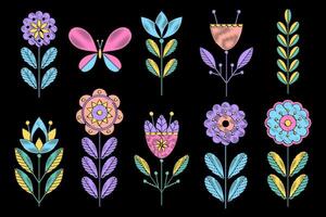 A set of flowers with scribbles effect on black background. vector