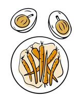 Illustration of a plate of glazed carrots with two eggs in separate dishes, featuring bold outlines and warm colors, perfect for culinary or healthy eating projects vector