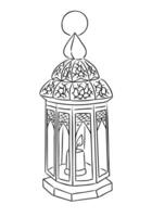 Hand drawn outline illustration of an ornate Islamic lantern with intricate patterns and a lit candle inside, outlined in black and white, ideal for cultural, festive, or decorative design projects vector