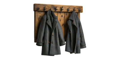 Two gray coats hanging on wooden coat rack isolated on transparent background png