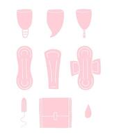 Set bundle of doodle sketch menstrual pad tampon and cup isolated on white background vector