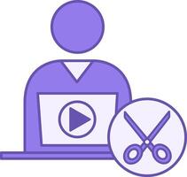 Colored Editor Icon. Man Sitting at Laptop Working with Text. Content Correction. Scissors and Player Button. Journalism vector
