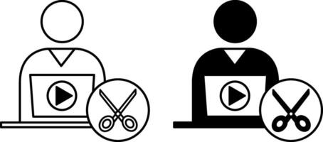 Editor Icons. Black and White Icons. Man Sitting at Laptop Working with Text. Content Correction. Scissors and Player Button. Journalism Concept vector