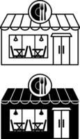 Restaurant Icons. Black and White Icons. Building with Food, Snack Bar. Catering Establishment with a Wide Range of Different Dishes vector