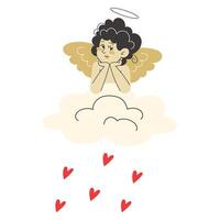 Cupid sits on a cloud, from which a magical rain of red hearts falls, creating an atmosphere of love and romance vector