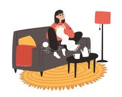 Cozy evening at home. A young woman are knitting a scarf and enjoying her hobby vector