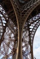 Close-up View of the Intricate Metal Structure of the Eiffel Tower Underneath the Parisian Sky photo