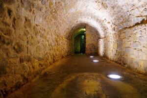 Mysterious Dungeon Corridor with Arched Stone Walls and Dark Atmosphere photo