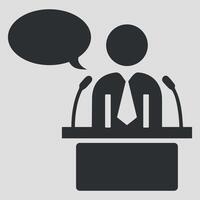black and white icon of a person speaking at a podium on a white background vector