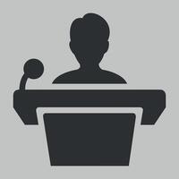 black and white icon of a person speaking at a podium isolated on a white background vector
