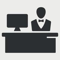 black and white icon sign of a person at the reception desk on a white background vector
