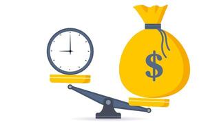 Time is money. Clock and dollar bag a balance scale. Financial concept .Time value of money asset growth over time depicts investment in long-term equity. vector