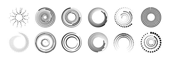 Halftone circular dotted frames set. Set of black thick halftone dotted speed lines. Speed lines in circle form. Geometric art. vector