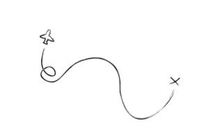 A simple black and white hand-drawn sketch of an airplane following a curved flight path towards a marked destination, symbolizing travel and navigation. vector