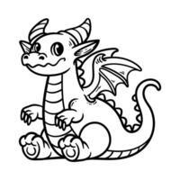 fun cute sitting big dragon cartoon character isolated drawing line style sketch classic vintage design illustration vector
