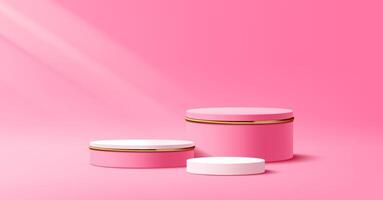 Podium display stage pink and gold three podium, there is light shining from the side, banner design on pink background vector