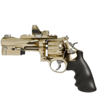 A gold revolver with a black handle and a black grip png
