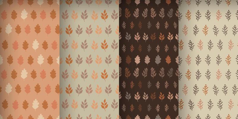 Autumn seamless patterns with stylized leaves and branches of plants, set in a brown, orange and beige palette