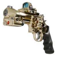 A golden gun with a black handle and a red trigger png