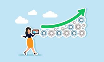 Businesswoman carries a laptop with gears arranged to form a rising chart, illustration of managing a business system for growth and development vector