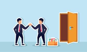 Two businessmen shake hands in front of an office door, illustration of employee position transition in business vector