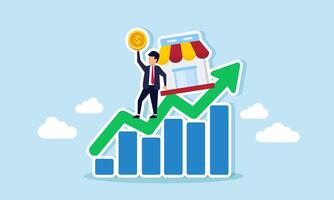 Businessman stands on a chart lifting a dollar coin while leaning on a store, illustration of report analysis of marketplace business performance vector