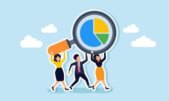 Entrepreneurs work together to carry a magnifying glass with a pie chart on its lens, illustration of teamwork in analyzing business performance vector