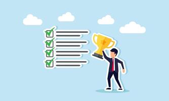 Businessman stands next to a checklist while holding a trophy, illustration of success in completing a business task list vector