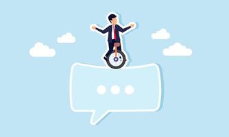 Businessman stands on a chat dialog performing a circus act by riding a unicycle, illustration of skill in public speaking vector