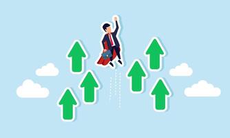 Super businessman flies through the sky alongside several arrows, illustration of company performance growth in finance and business due to leader's discipline vector