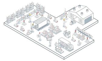 Warehouse logistics with workers loading products onto trucks, supported by AGVs, and AMRs for efficient transportation, encompassing export and import operations with pallets and cardboard boxes. vector