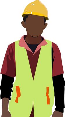A construction worker in a yellow vest and hard hat