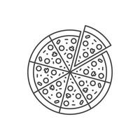 Pizza with one slice separated linear icon. Thin line illustration. Contour symbol. isolated outline drawing. Editable stroke vector