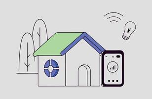 Smart home with connected devices like security cameras, lighting, thermostat, and washing machine controlled via a mobile app. vector