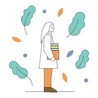 Illustration of a poetess standing in profile, holding books, with a background featuring feathers and ink vector