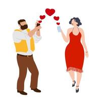 man and a woman exchanging affection via mobile phones, floating red hearts connecting them. Flat style illustration isolated on white background for postcard, poster, article, 14 February vector