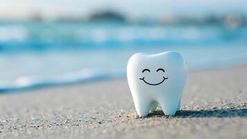 Smiling tooth figure on sandy beach with blurred ocean background. photo