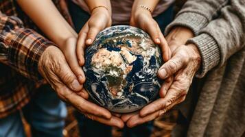 hands holding the earth in their hands, Colorful hand as unity, humanity in differs difference, concept of heal the world, banner for healing the nature and the world photo