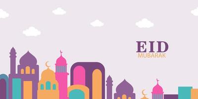 eid mubarak background with colorful buildings and copy space for text vector